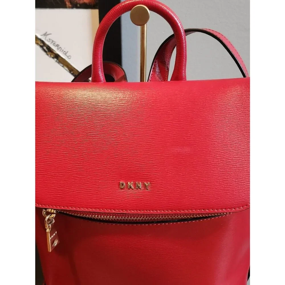 DKNY Red Leather Backpack with Top Handle And Gold Hardware